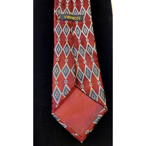 Silk Vienicci Men's Burgundy Gray Dress Suit Tie Diamond Geometric Pure Silk - Picture 2 of 5